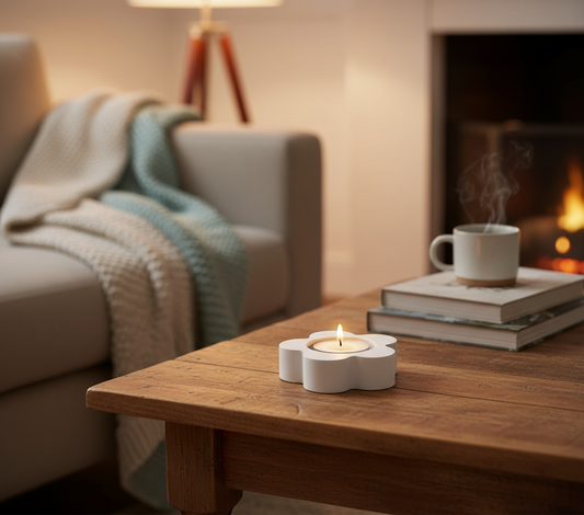 White Cement Flower Tea Light Candle Holder – Minimalist Concrete Floral Tealight Holder for Home, Office & Table Décor