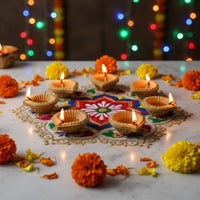 Cow Dung Diya for Pooja and Diwali | Organic Handmade Vedic Ritual Lamp | Eco-Friendly Floral Design Diya | Set of 12