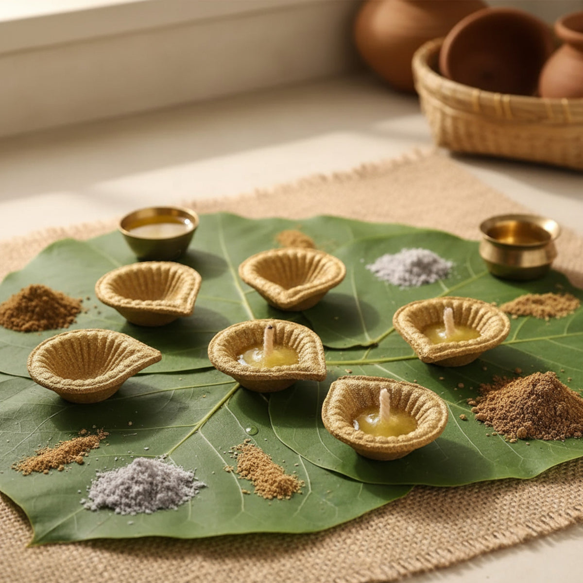 Cow Dung Diya for Pooja and Diwali | Organic Handmade Vedic Ritual Lamp | Eco-Friendly Floral Design Diya | Set of 12