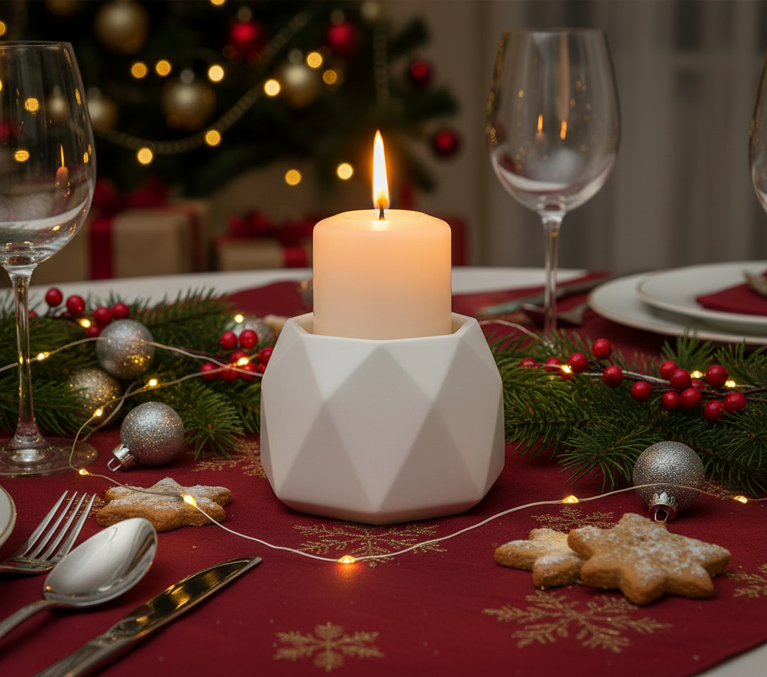 White Geometric Cement Candle Holder – Modern Concrete Pillar / Votive Candle Stand for Home, Office & Table Décor