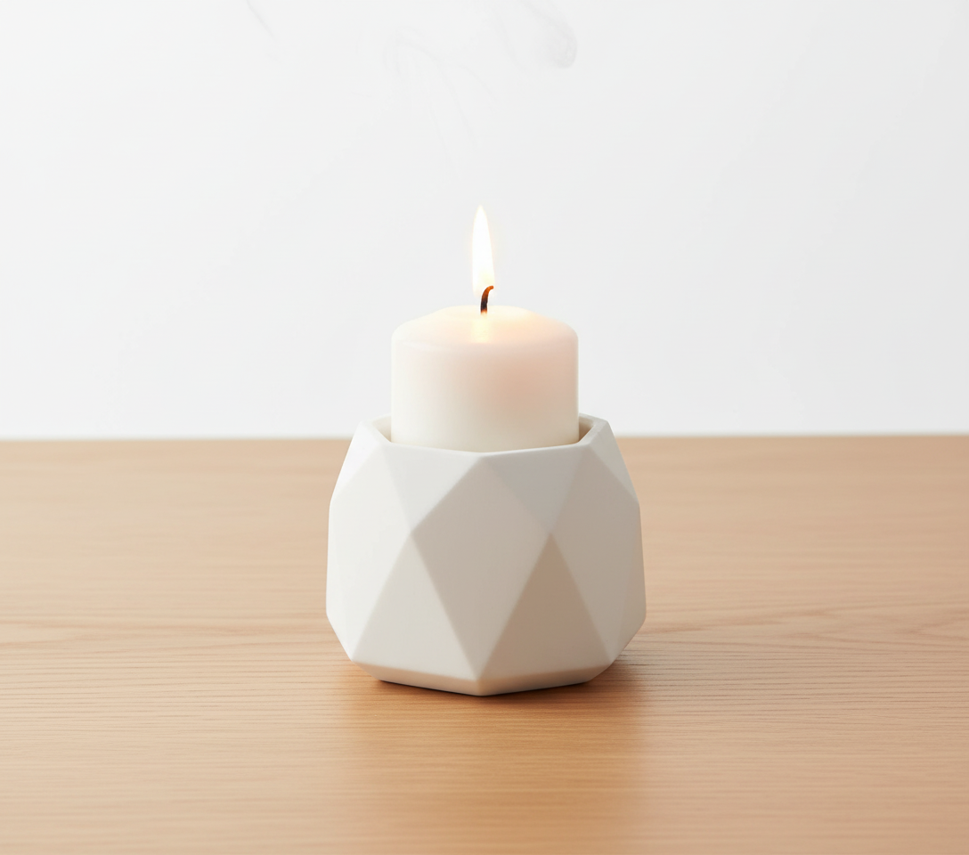 White Geometric Cement Candle Holder – Modern Concrete Pillar / Votive Candle Stand for Home, Office & Table Décor