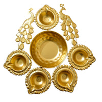 Gold Metal Decorative Diya Thali Set with 5 tealight holders and a center plate with a peacock design for home decor