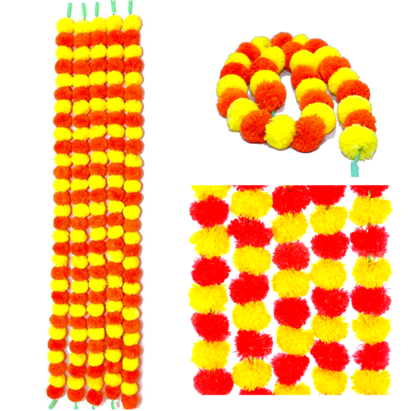 KIH Set of 5 Marigold Garland 5 Ft Long Strands Flower Garland Decorations Indian Wedding Backdrops, Flower Garland for Pooja, Wedding, Christmas, Events, Diwali (Red & Yellow)
