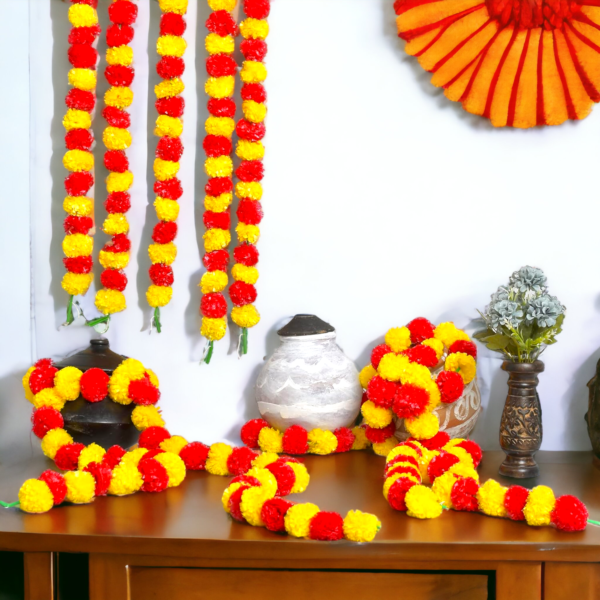 KIH Set of 5 Marigold Garland 5 Ft Long Strands Flower Garland Decorations Indian Wedding Backdrops, Flower Garland for Pooja, Wedding, Christmas, Events, Diwali (Red & Yellow) - Image 2