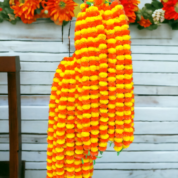 KIH Set of 5 Marigold Garland 5 Ft Long Strands Flower Garland Decorations Indian Wedding Backdrops, Flower Garland for Pooja, Wedding, Christmas, Events, Diwali (Red & Yellow) - Image 3