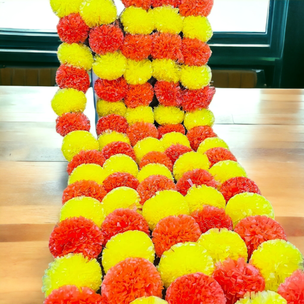 KIH Set of 5 Marigold Garland 5 Ft Long Strands Flower Garland Decorations Indian Wedding Backdrops, Flower Garland for Pooja, Wedding, Christmas, Events, Diwali (Red & Yellow) - Image 4