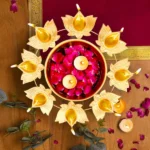 Gold Lotus Diya Shape Decorative Urli Bowl for Home Floating Flowers Urli Holder for Home and Office & Table Urli Bowls Housewarming Items Size-12x12x1.5 inch - Image 2