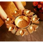 Gold Lotus Diya Shape Decorative Urli Bowl for Home Floating Flowers Urli Holder for Home and Office & Table Urli Bowls Housewarming Items Size-12x12x1.5 inch - Image 3