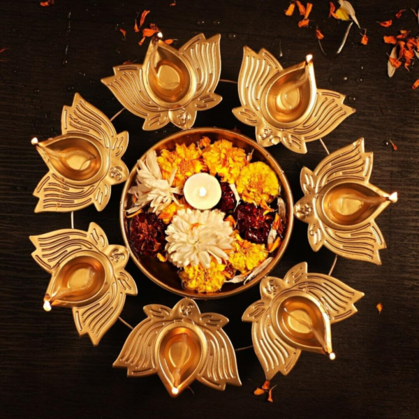 Gold Lotus Diya Shape Decorative Urli Bowl for Home Floating Flowers Urli Holder for Home and Office & Table Urli Bowls Housewarming Items Size-12x12x1.5 inch - Image 4