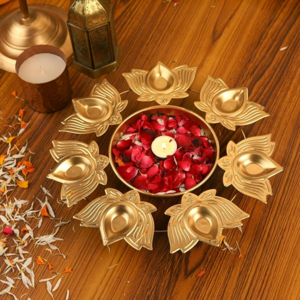 Gold Lotus Diya Shape Decorative Urli Bowl for Home Floating Flowers Urli Holder for Home and Office & Table Urli Bowls Housewarming Items Size-12x12x1.5 inch